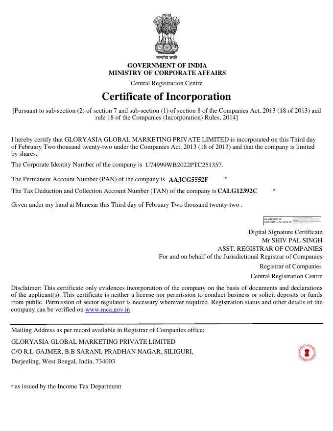 Certificate of Incorporation — Ashera Shopee Marketing Private Limited